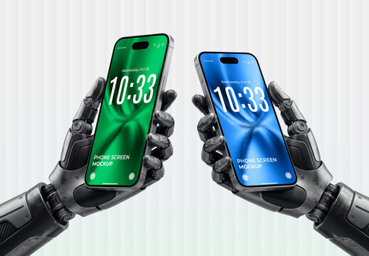 Robotic Hand Holding Smartphone Screen Mockup