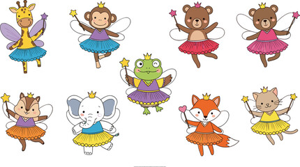 Cute animal fairies set magical characters giraffe monkey bear frog elephant fox and cat with wings cartoon vector illustration collection © Jahangir