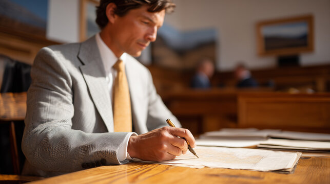 Defense attorney and expert toxicologist review contamination plume maps spread across a courtroom table before an environmental violation hearing, prosecutor's team visible at the adjacent table re