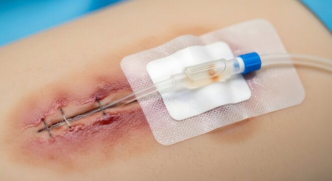 Inflamed Surgical Wound with Drain Tube &ndash; Post Operative Complication and Infection Risk Concept