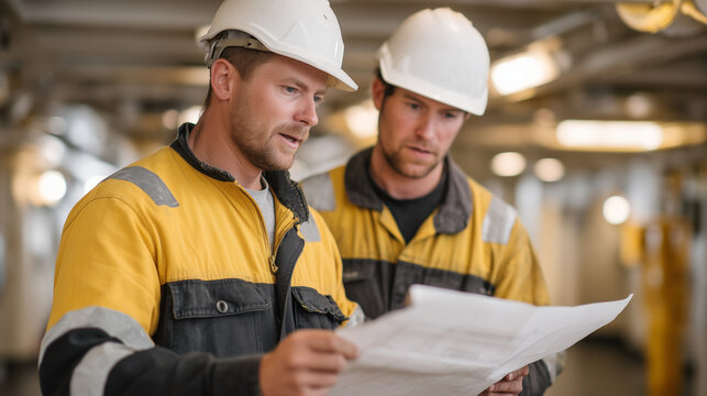 Shipyard pipefitting team installing large-diameter fuel lines inside engine room of vessel under construction, journeyman tradesperson torquing flanged connection while apprentice reads isometric d