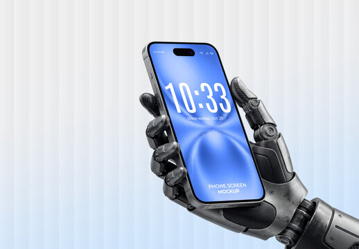 Robotic Hand Holding Smartphone Screen Mockup