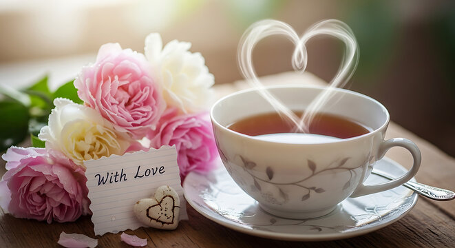 A cup of tea with heart shaped steam rising next to pink roses and a note saying with love