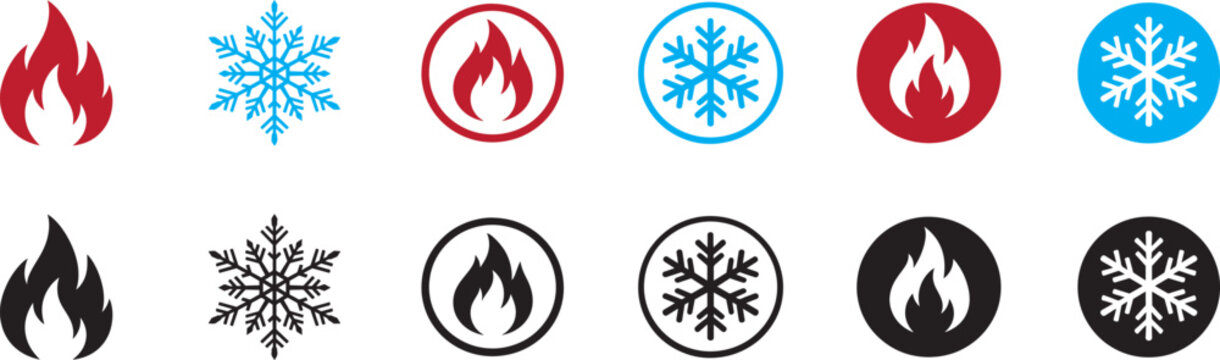 Fire and snowflake vector icon set. Hot and cold symbols in circle, ideal for apps and websites UI.