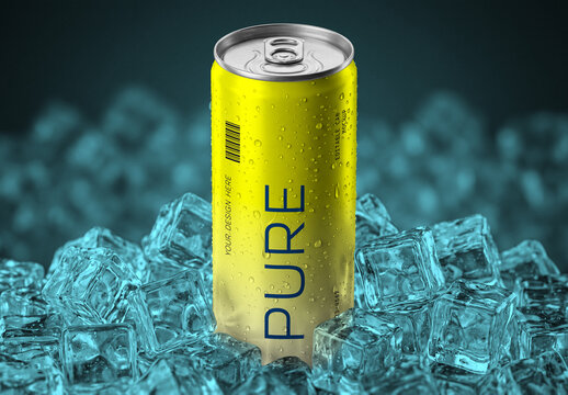 Cold Beverage Can Mockup with Ice Cubes