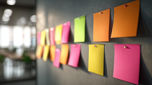 Colorful sticky notes on a wall, capturing the essence of brainstorming and organization