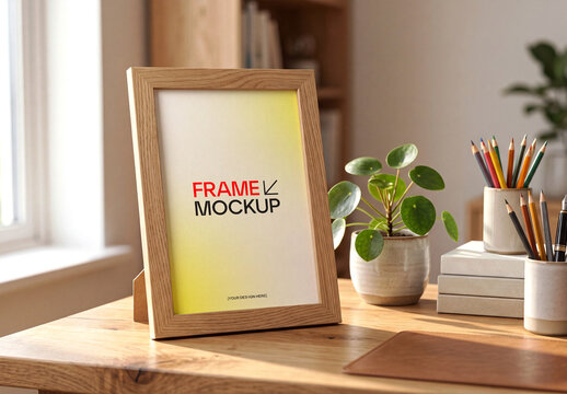 Wood Frame Mockup on Wooden Desk