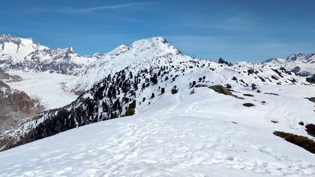 Aletsch glacier in winter time, snow covered mountain peaks
