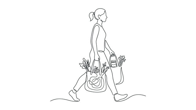 continuous line art of a person carrying reusable shopping bags filled with eco-friendly products.minimalist sustainable lifestyle concept