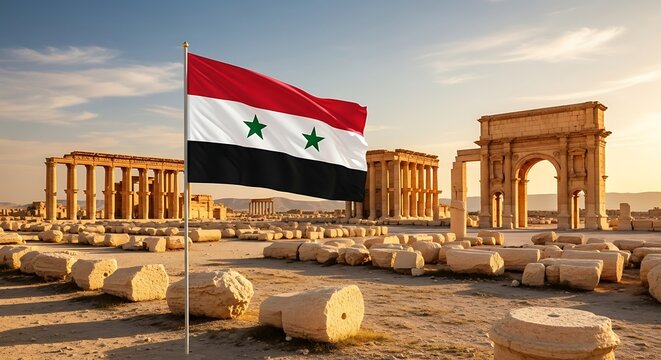 Syrian flag waving ancient Palmyra ruins.