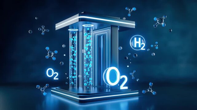 Futuristic hydrogen fuel cell reactor core with glowing H2 and O2 molecules representing advanced clean energy technology and sustainable power generation