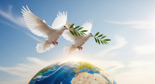 white doves holding olive branch over earth globe