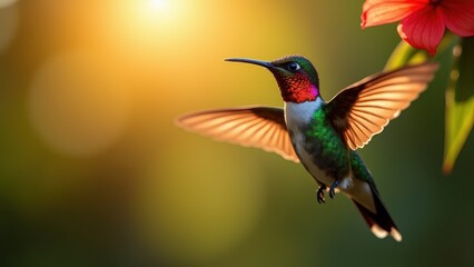 Fototapeta premium Macro vivid iridescent hummingbird throat feathers caught in sunlight