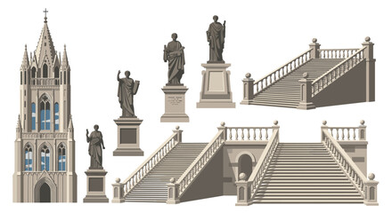Obraz premium Gothic tower, classical statues on pedestals, and grand staircases are arranged as architectural elements on a pure white background.
