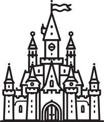 Fototapeta premium A meticulously crafted line art depiction of a majestic castle, featuring soaring turrets, intricate architectural details, and a fluttering flag atop its highest spire.