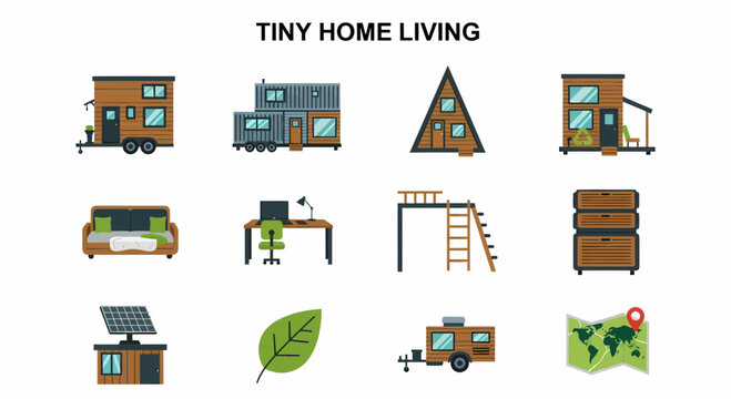 Illustration set of Tiny home living miniature houses.