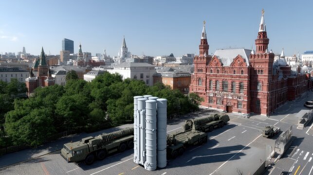 A long-range surface-to-air missile system is showcased in Red Square surrounded by modern buildings and historical architecture in 2035