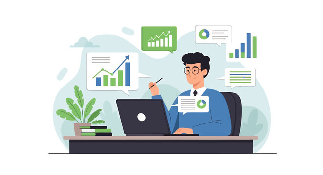 Man working on laptop with financial charts and graphs around him.