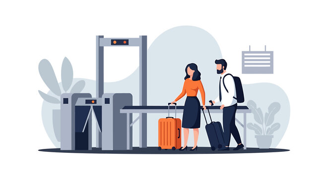 People going through airport security checkpoint with luggage.