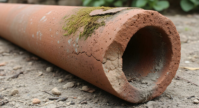 A close-up image of a cracked clay pipe on the ground, fine details, natural lighting. AI generated image