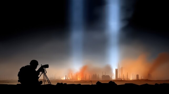 Soldier stands in a field holding a light machine gun while a bright light from his helmet shines in the dark blue sky