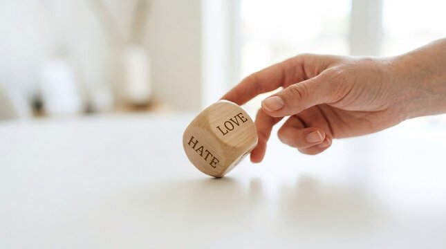 hand flipping a wooden die with love and hate words
