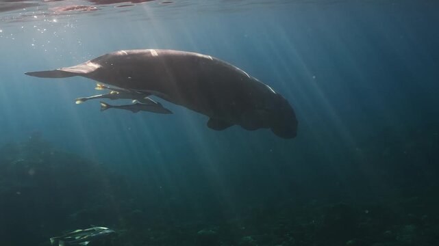 A dugong swims alongside remoras in the ocean, with sunlight streaming through the water. Ideal for marine life documentaries or educational content.