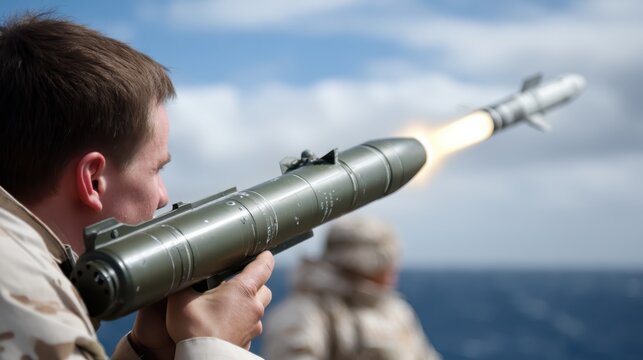 A person stands behind an anti-aircraft gun aiming it at a drone flying in the sky with clouds and blue background during daytime
