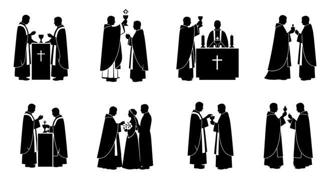 Clergy performing religious ceremonies silhouette icons