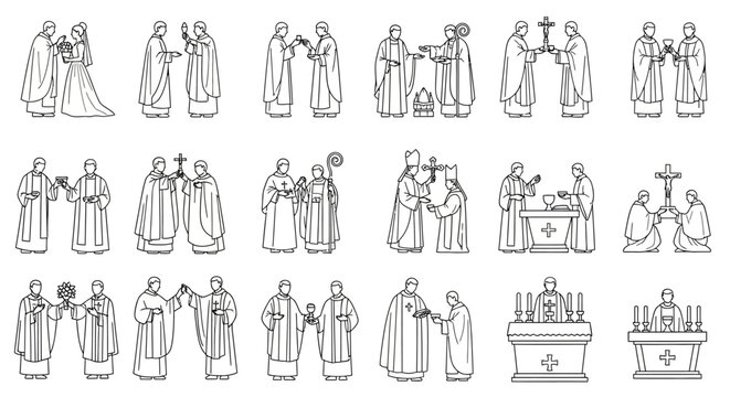 Christian clergy performing religious ceremonies outline icons