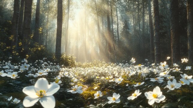 Sunlit Forest with White Flowers and Enchanting Light Rays