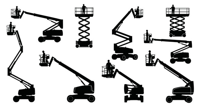 Set of black silhouette aerial work platforms and scissor lifts