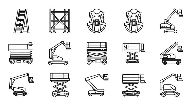 Construction equipment icons: cherry picker, scissor lift, ladder, scaffolding