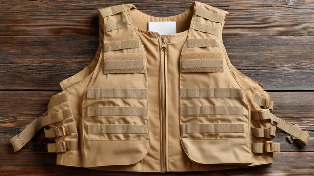 An army tactical vest with camouflage patterns and magazines rests on a wooden floor, showing detailed fabric and strap textures