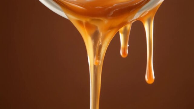 Caramel dripping close up, static camera