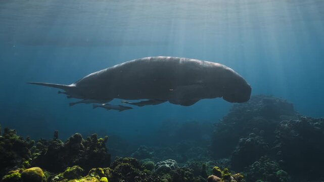 A dugong gracefully moves above a coral reef, accompanied by remoras. Sunlight beams illuminate the underwater scene. Suitable for marine life documentaries or educational content.