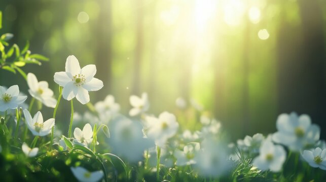White wildflowers in sunlit forest, spring nature background