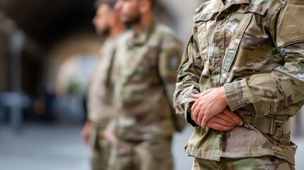 Fototapeta premium Soldiers line up in military uniforms with camouflage patterns on their pants and boots during a training session outdoors