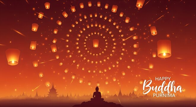 Happy Buddha Purnima Celebration with Spiral Floating Lanterns and Buddha Meditation Scene