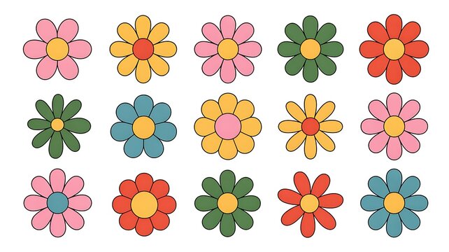 Set of hand drawn retro groovy pastel flowers in childlike style on a transparent background 