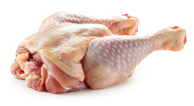 Raw whole chicken carcass with skin and legs isolated on a clean white background, for cooking