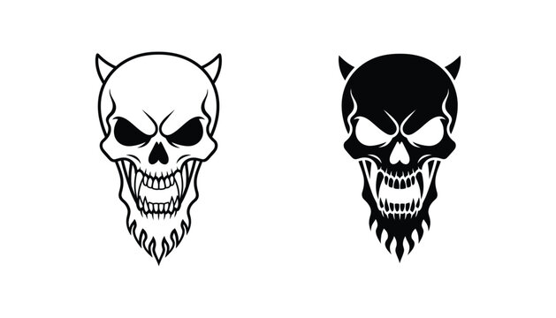 Demon skull with horns and sharp teeth vector illustration in outline and solid styles