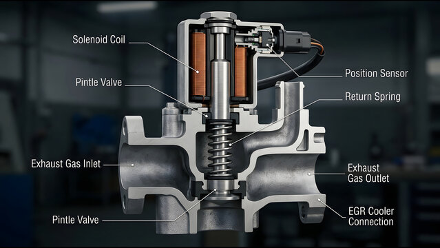 EGR Valve Car Solenoid Coil and Pintle Valve Exposed in Hyperrealistic 3D Cutaway for Exhaust Recirculation