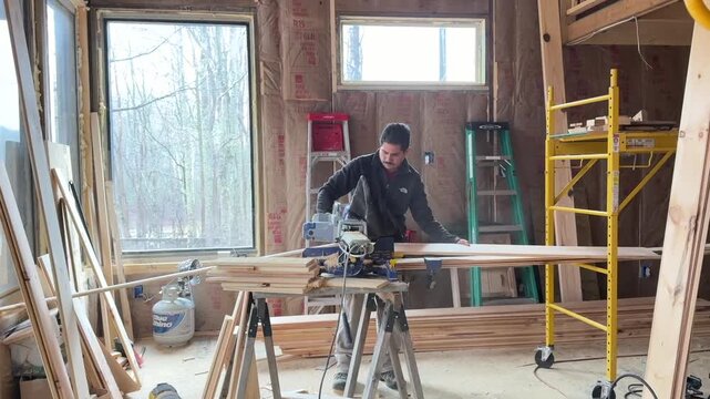 Man with a mustache using a chop saw