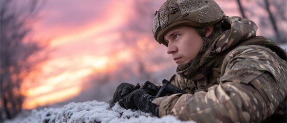 Naklejka premium Soldier positions machine gun on roof of white pickup truck, focusing on enemy positions as night falls in a field