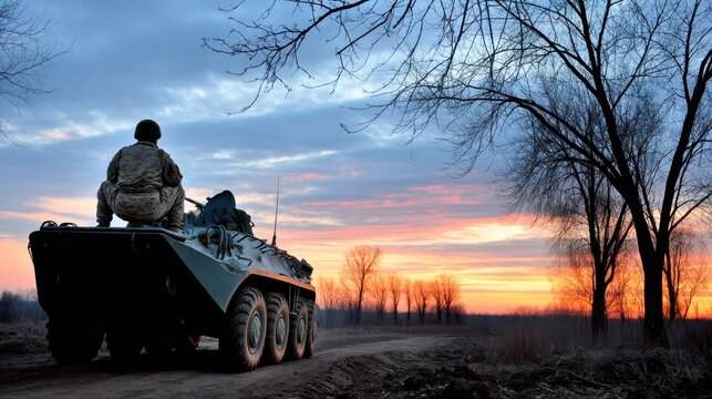 Soldier positions machine gun on roof of white pickup truck, focusing on enemy positions as night falls in a field