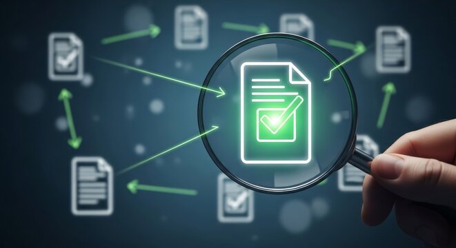 Hand magnifying digital document icons for data analysis and verification concept
