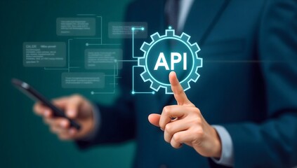 Obraz premium Digital Technology Business Icon representing API connection and integration with hand pointing