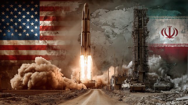 Rocket launch with american and iranian flags in background with explosion and military tanks