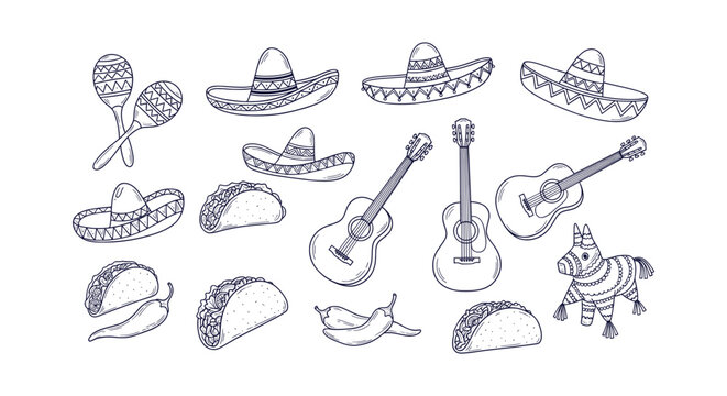 Hand Drawn Mexican Culture Doodle Set with Sombreros Tacos Guitars Maracas Chili Peppers and Pinata